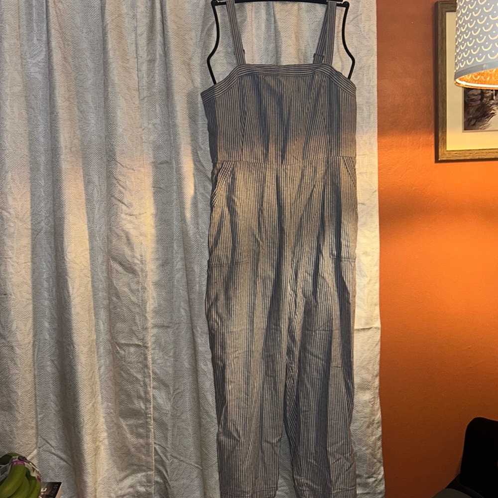 Blue & white linen blend stripe jumpsuit